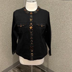 Laura Ashley Black Denim Rhinestone Jacket Size Large Petite
